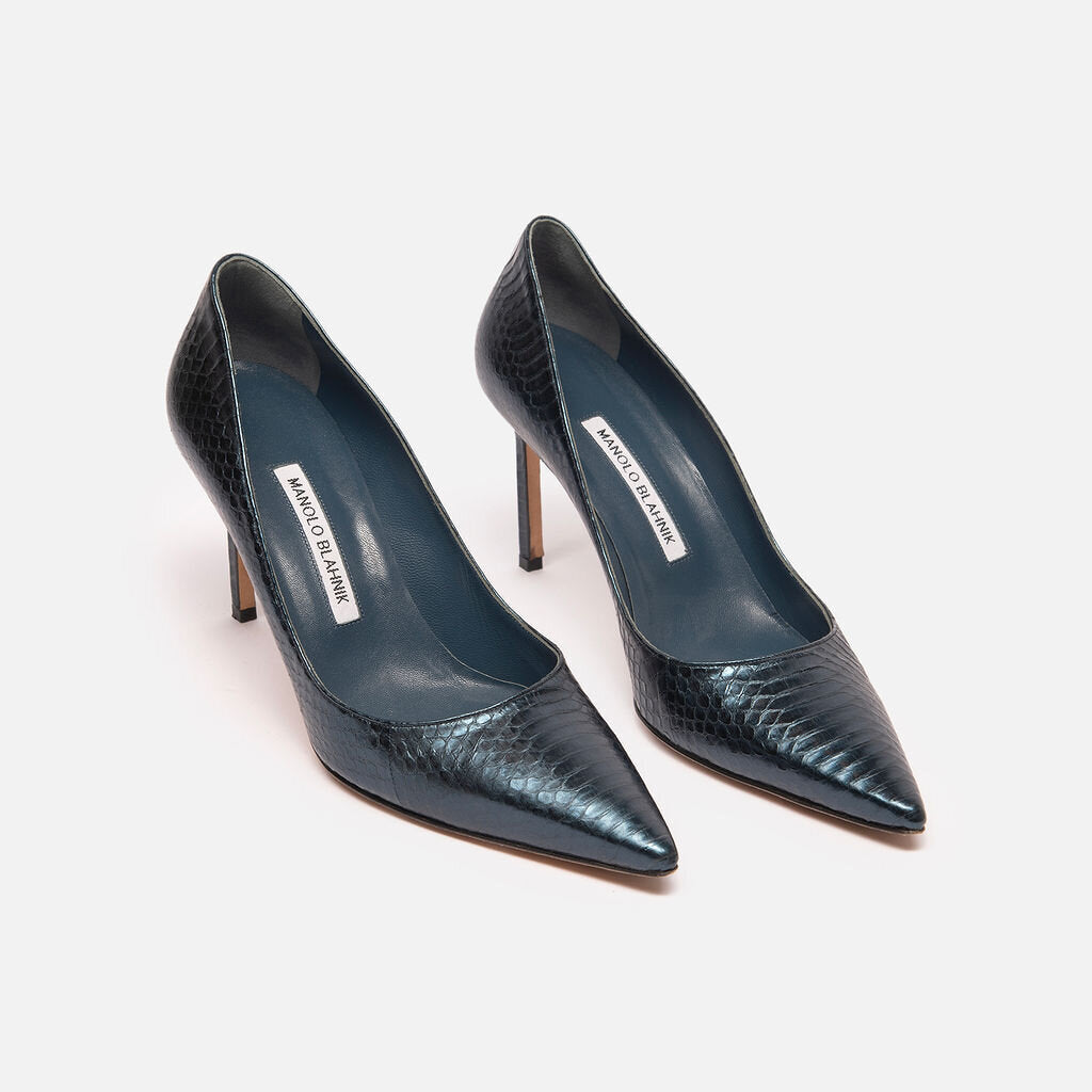 Manolo Blahnik Blue Croc Embossed Leather Heels