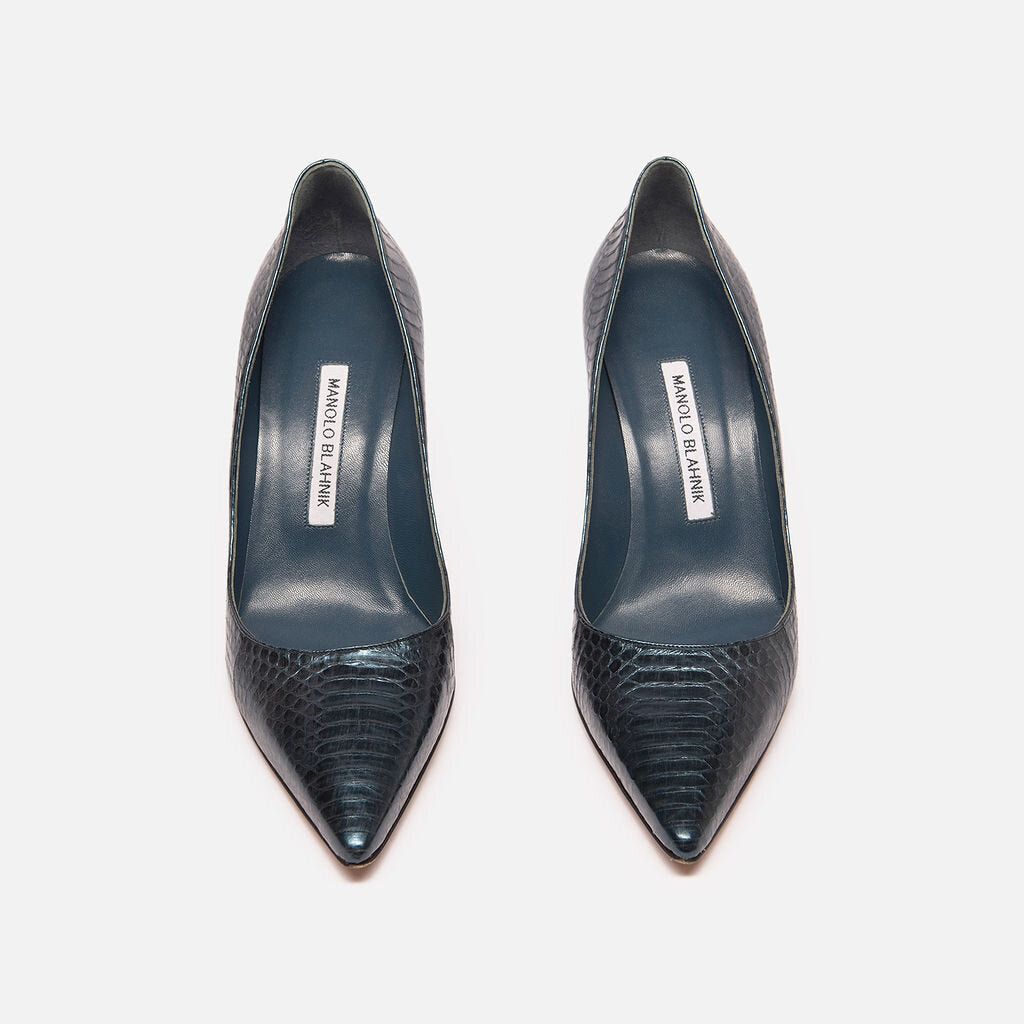Manolo Blahnik Blue Croc Embossed Leather Heels