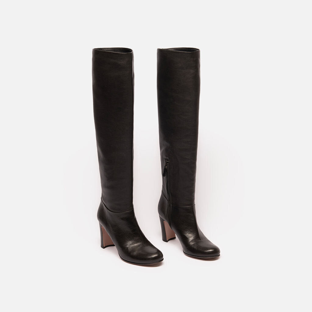 Prada Black Leather Heel Over-Knee Boots