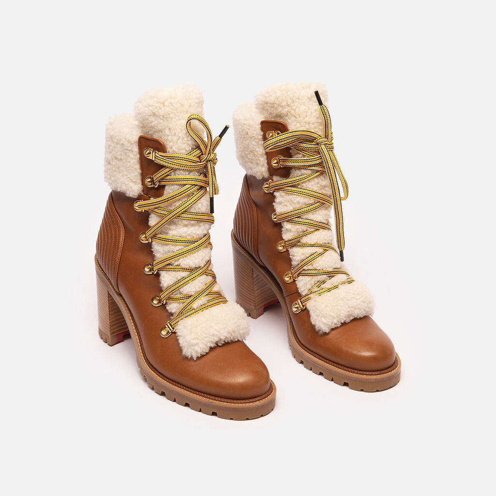 Christian Louboutin Brown Leather Shearling Lace Up Heel Boots