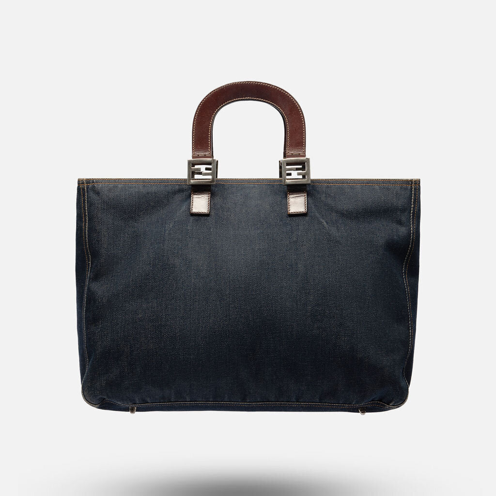 Fendi Blue Denim Bella Tote with Leather Handle