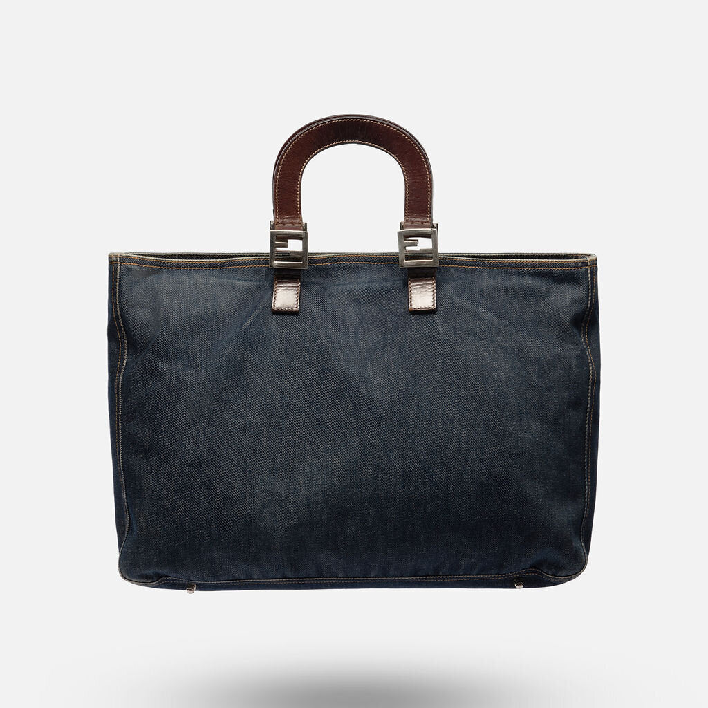 Fendi Blue Denim Bella Tote with Leather Handle
