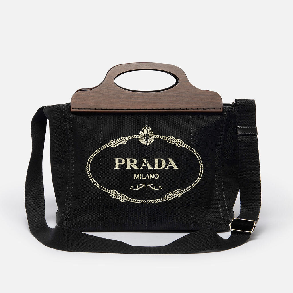 Prada Black Small Canvas Tote with Wood Handle
