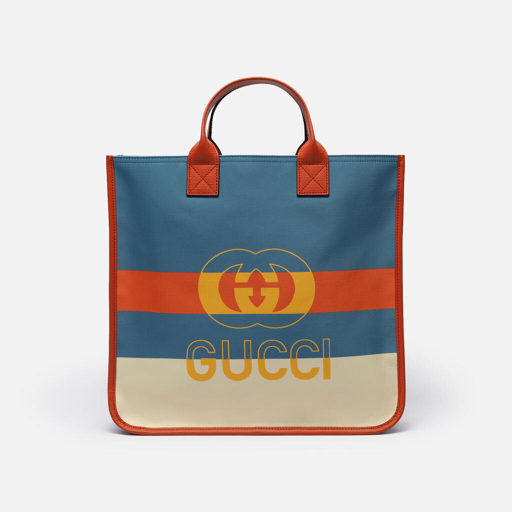 Gucci Orange & Blue Striped Nylon Logo Tote
