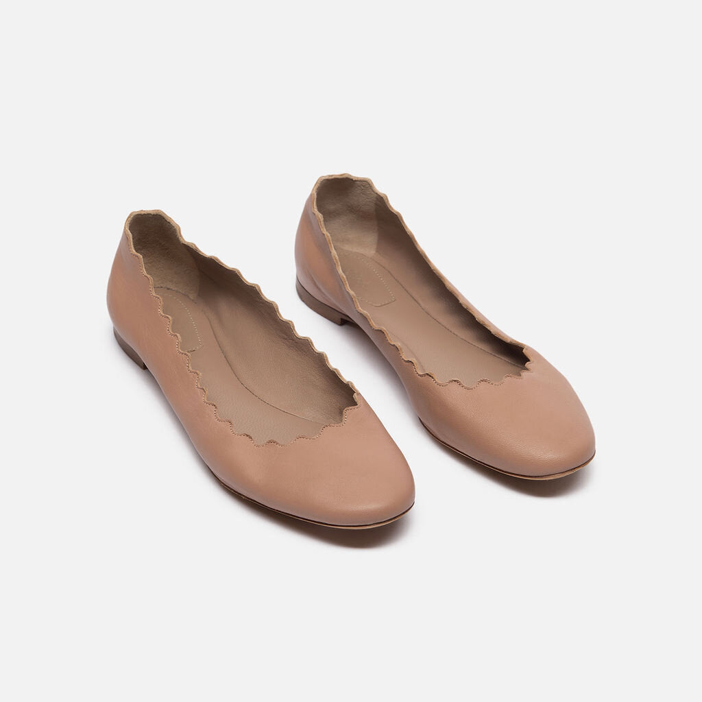 Chloe Beige Leather Scalloped Ballet Flats