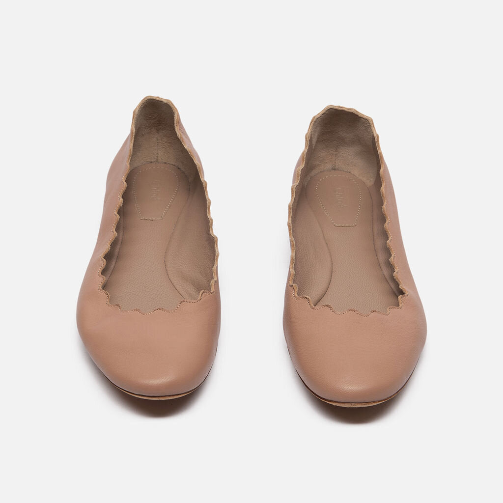 Chloe Beige Leather Scalloped Ballet Flats
