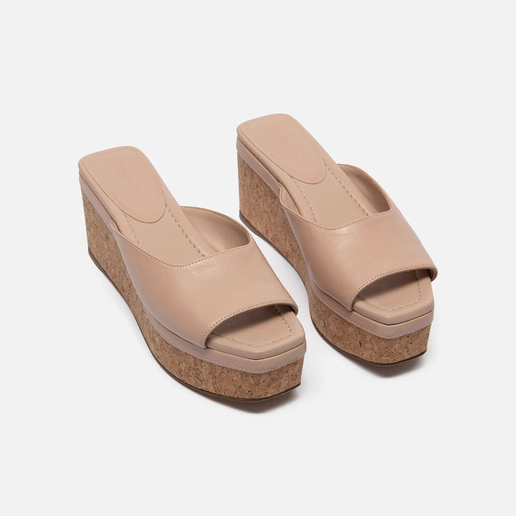 Jimmy Choo Nude Leather Cork Platform Slides