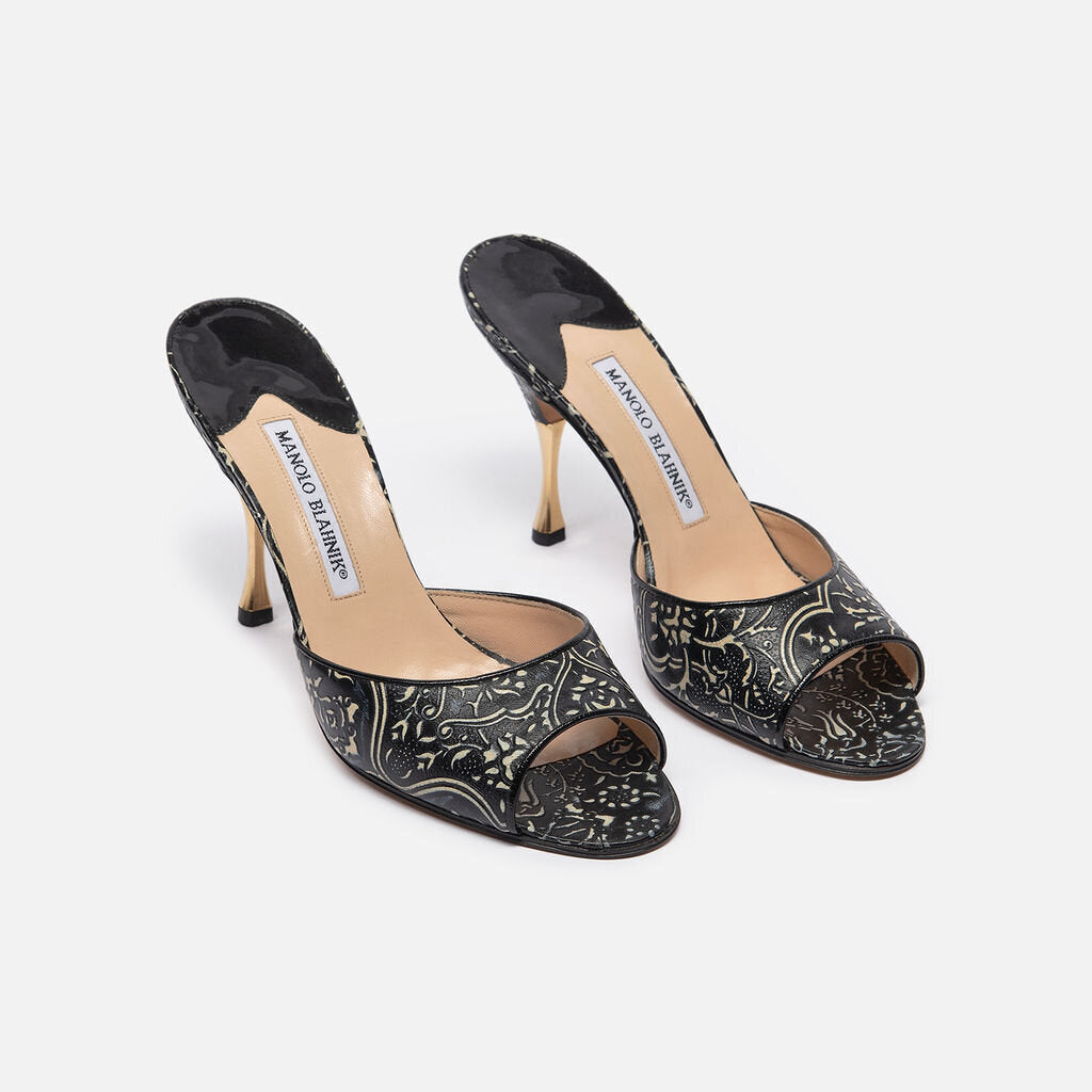 Manolo Blahnik B&W Floral Embossed Leather Pump