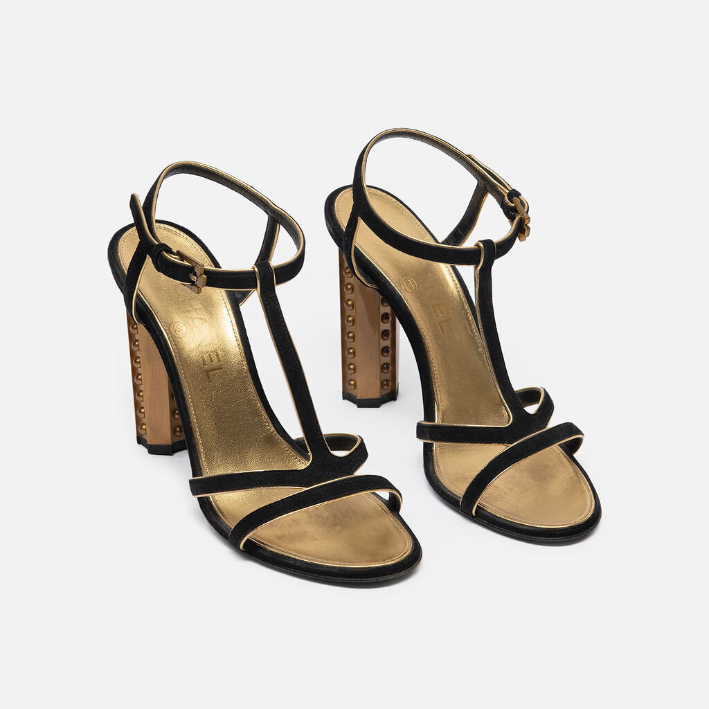 Chanel Black & Gold Strappy Block Heels