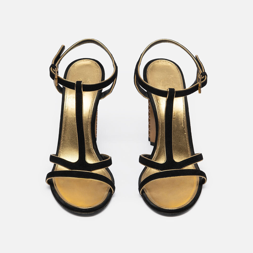 Chanel Black & Gold Strappy Block Heels
