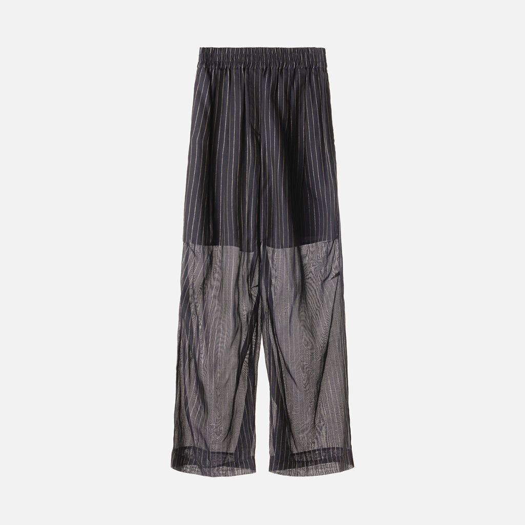 Brunello Navy & Silver Stripe Cotton Sheer Overlay Pants