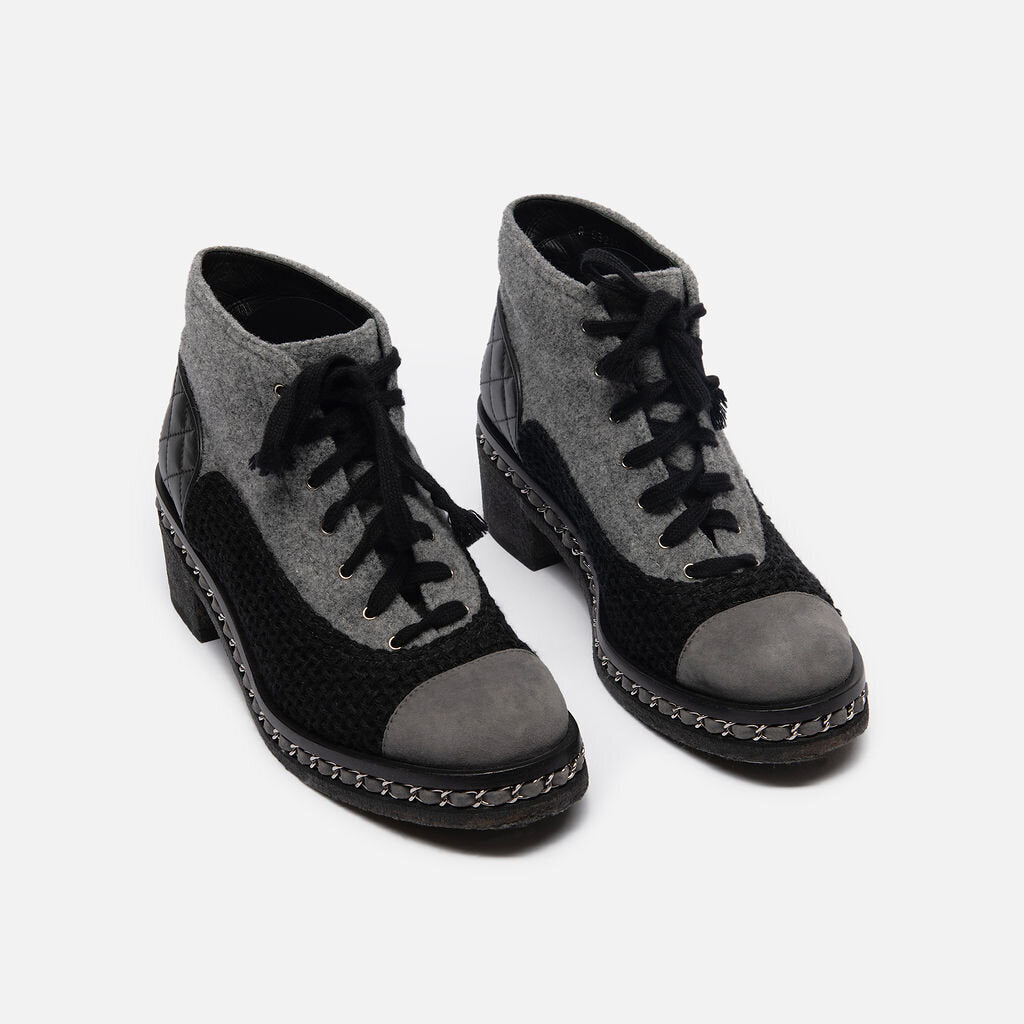 Chanel Black & Grey Wool Leather Lace Up Boot