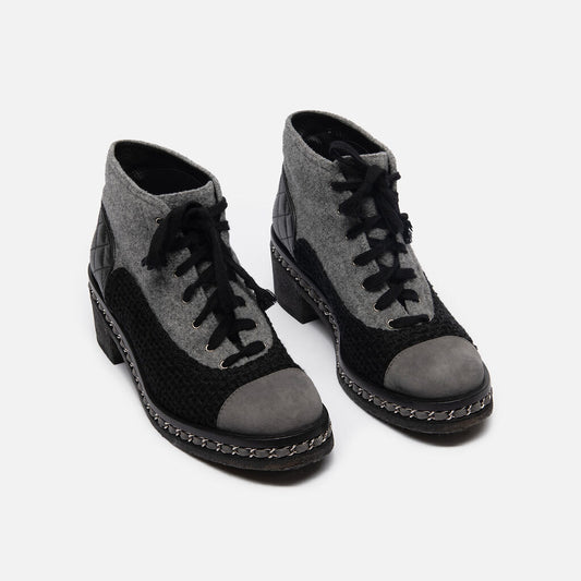Chanel Black & Grey Wool Leather Lace Up Boot
