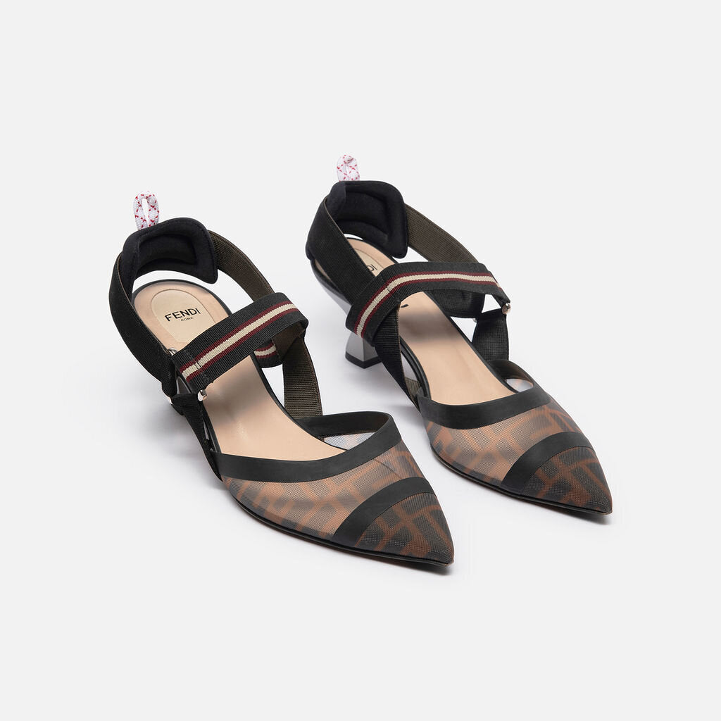 Fendi Brown Monogram Mesh Slingback Pumps
