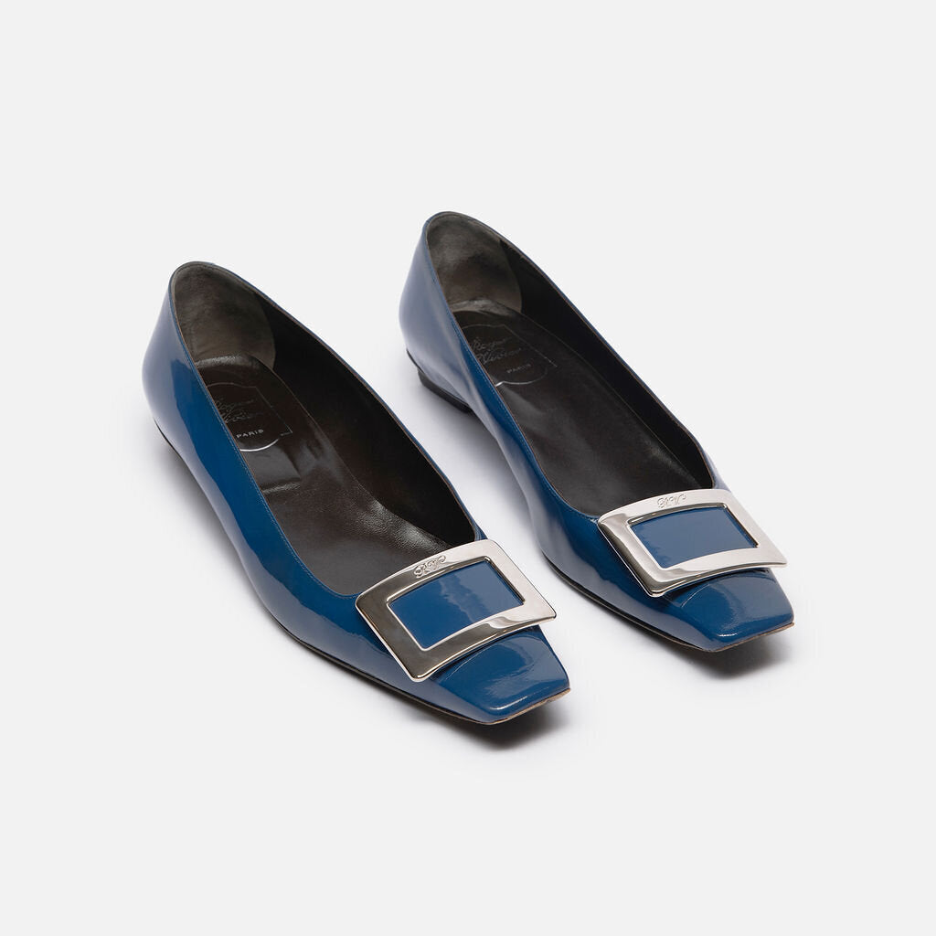 Roger Vivier Blue Patent Silver Buckle Flats
