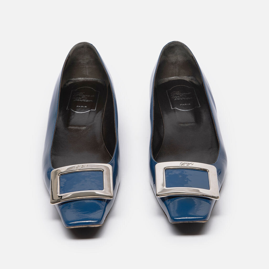 Roger Vivier Blue Patent Silver Buckle Flats