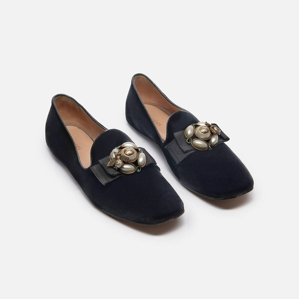 Gucci Black Velvet Faux Pearl Accent Loafers