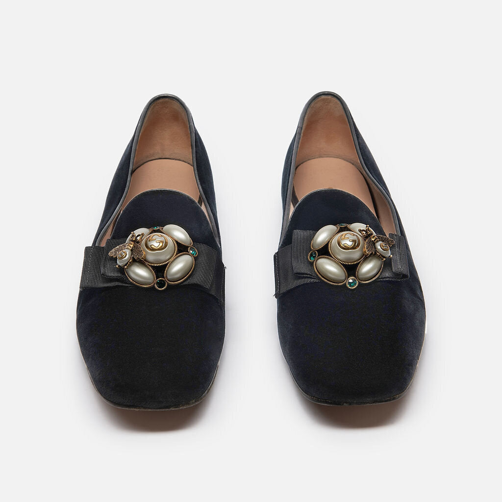 Gucci Black Velvet Faux Pearl Accent Loafers