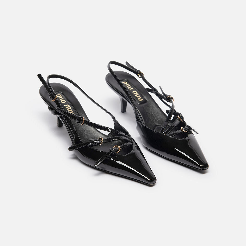 Miu Miu Black Patent Leather Strappy Slingback Kitten Heel