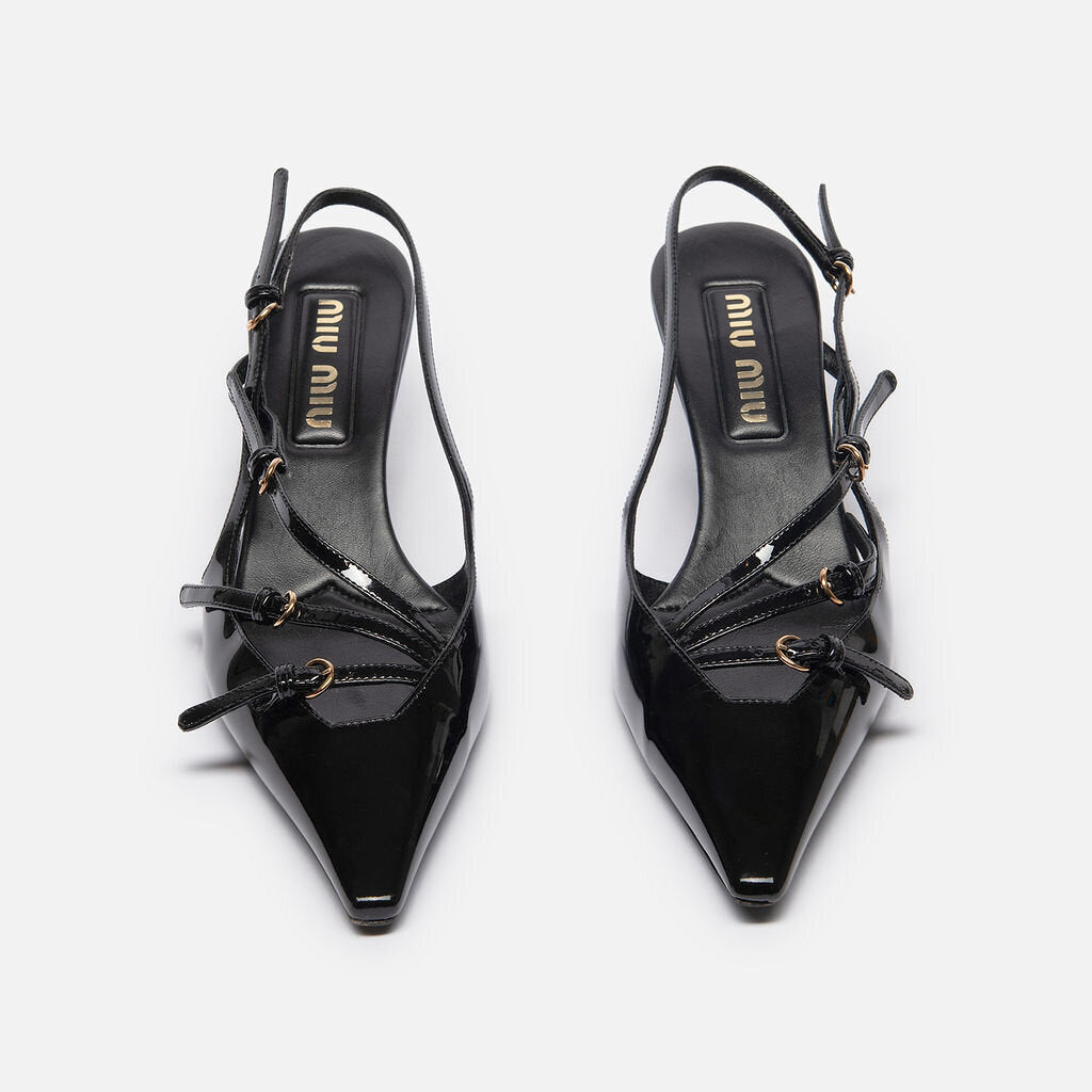 Miu Miu Black Patent Leather Strappy Slingback Kitten Heel