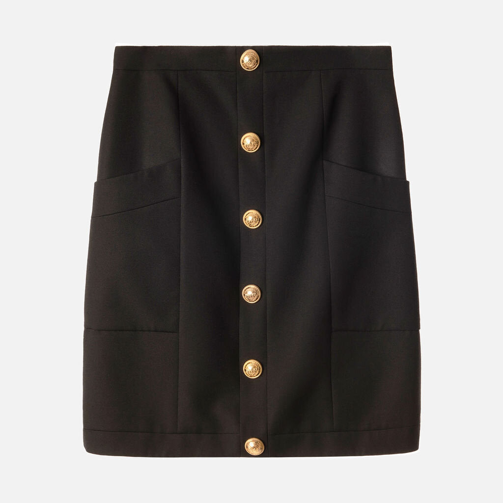 Balmain Black Wool Skirt with Gold Buttons