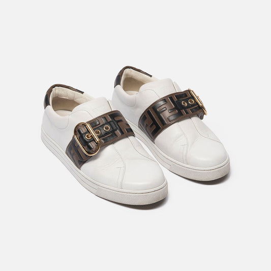 Fendi White Leather Brown Logo Detail Sneakers