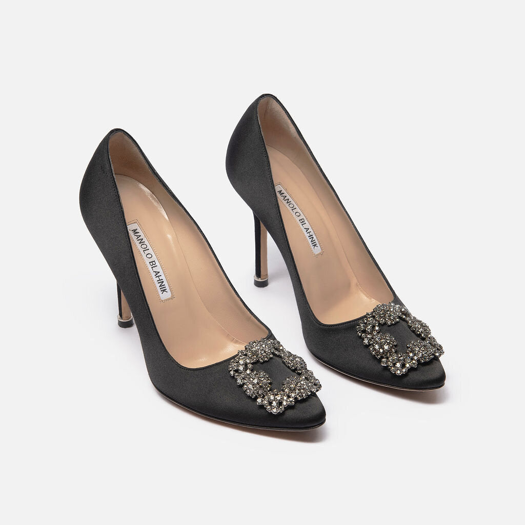 Manolo Blahnik Black Satin Crystal Embellished Pump