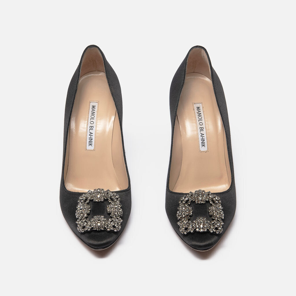Manolo Blahnik Black Satin Crystal Embellished Pump