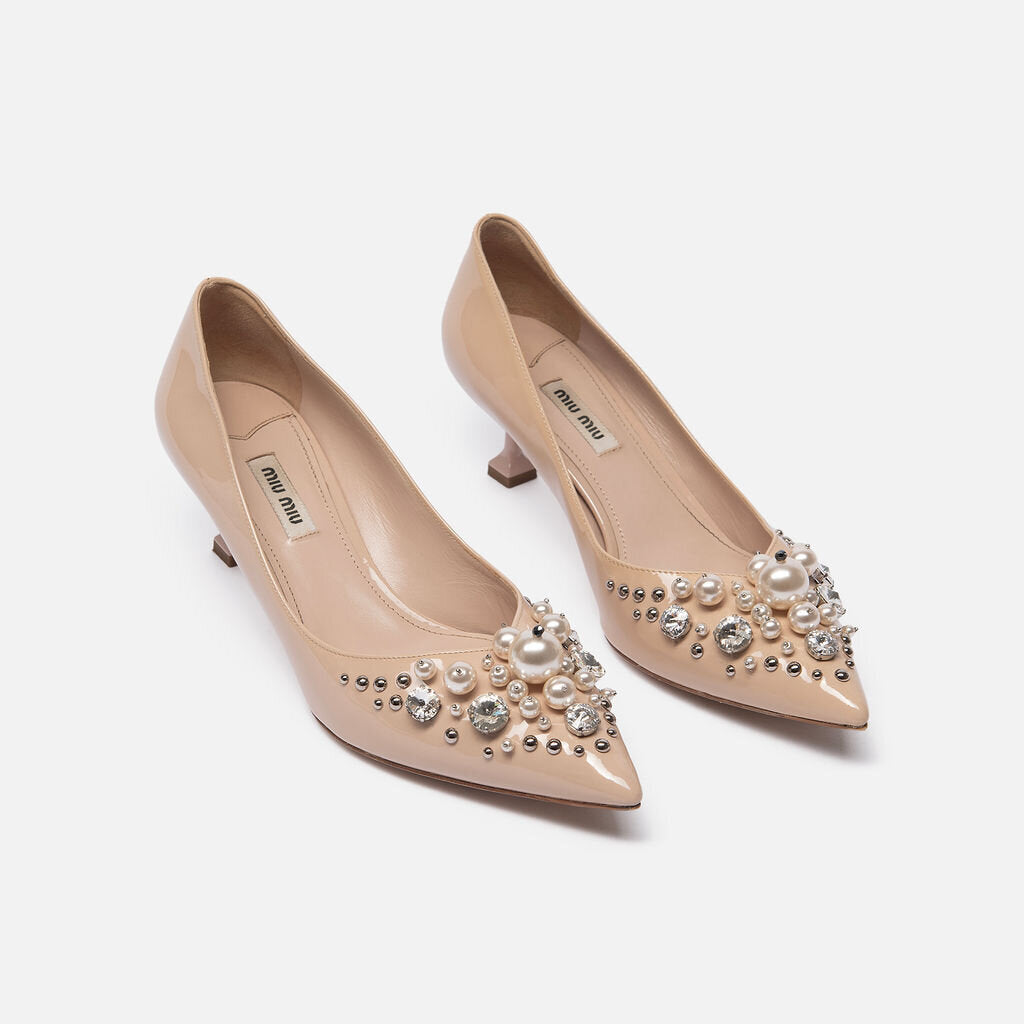 Miu Miu Beige Patent Embellished Pumps
