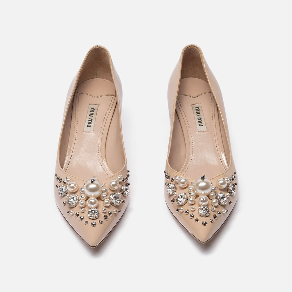 Miu Miu Beige Patent Embellished Pumps