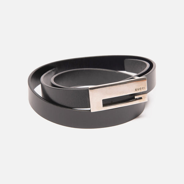 Gucci Black Leather Silver Buckle Belt