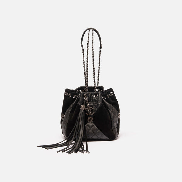 Chanel Black Suede/Leather Bucket Bag on Chain
