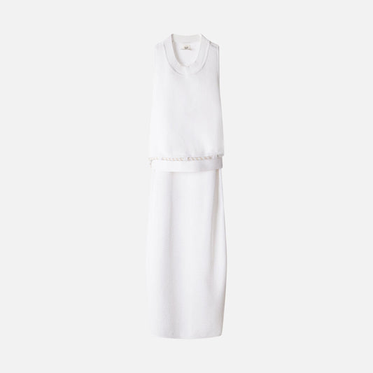 Hermes White & Grey Sleeveless Mini Cotton Blend Tie Dress