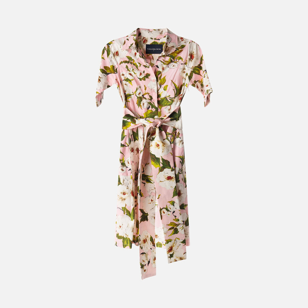 Samantha Sung Pink Floral Cotton Belted Shirt Dress