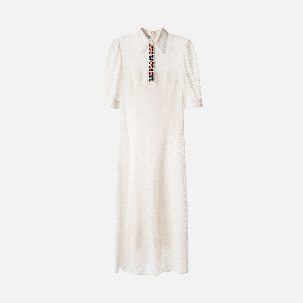 Prada White Lace Crochet Button Maxi Dress