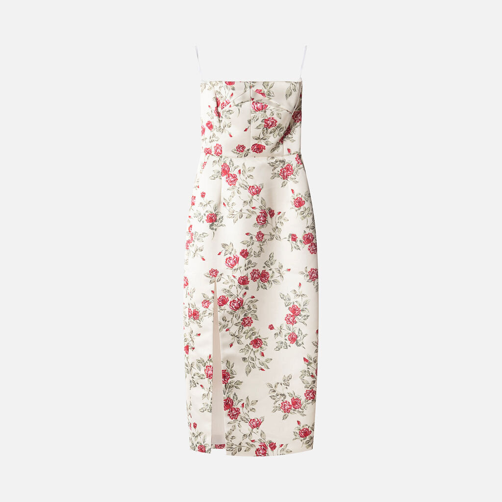 Emilia Wickstead Cream Satin Rose Printed Strapless Dress