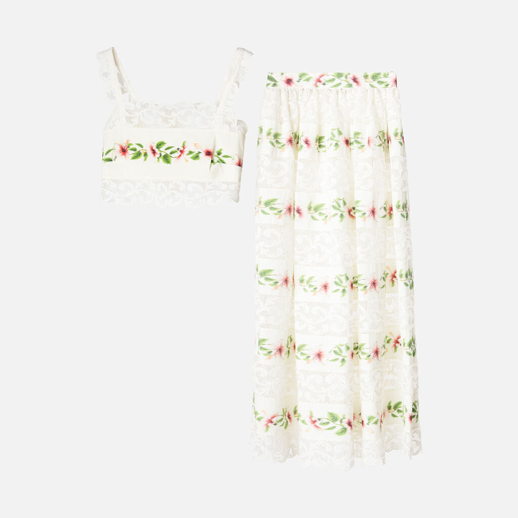 Oscar de la Renta White Hibiscus-Print Lace-Trim Crop Top & Skirt Set