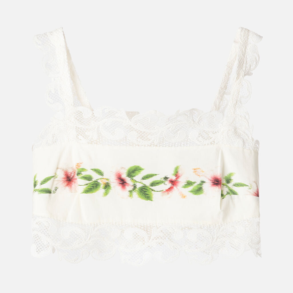 Oscar de la Renta White Hibiscus-Print Lace-Trim Crop Top & Skirt Set