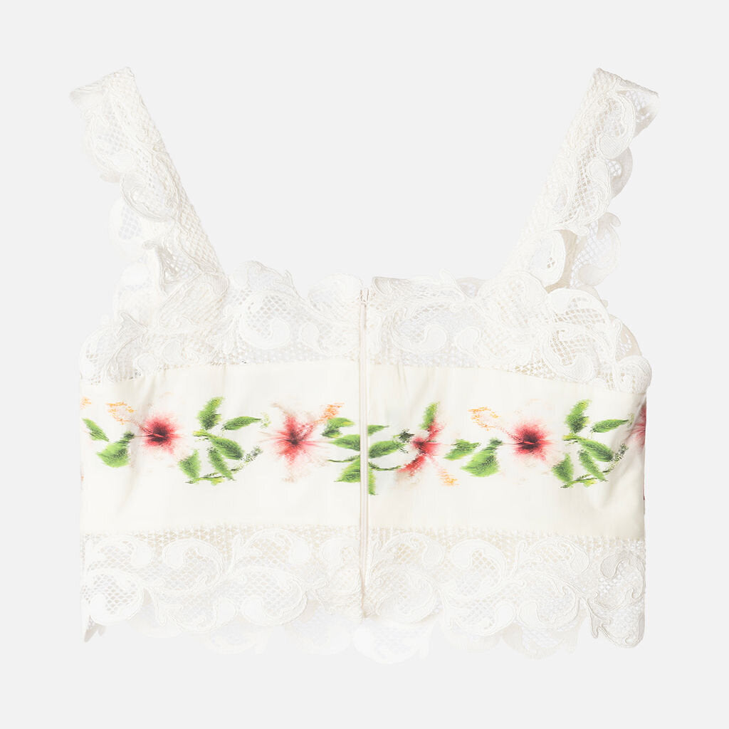 Oscar de la Renta White Hibiscus-Print Lace-Trim Crop Top & Skirt Set