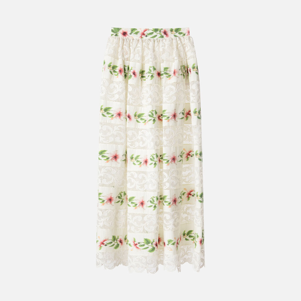 Oscar de la Renta White Hibiscus-Print Lace-Trim Crop Top & Skirt Set