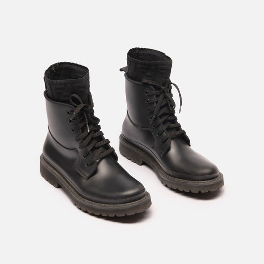 Fendi Black Rubber Combat Rain Boot