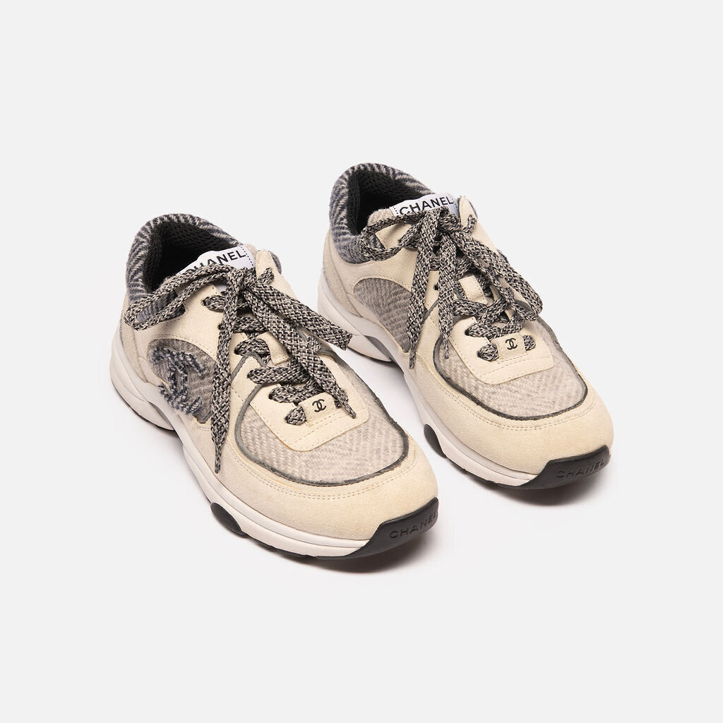 Chanel Cream and Gray Suede Knit CC Sneaker
