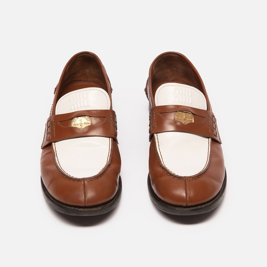 Miu Miu Brown and White Leather Penny Loafer