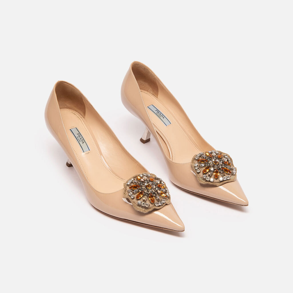 Prada Nude Patent Leather Embellished Pump