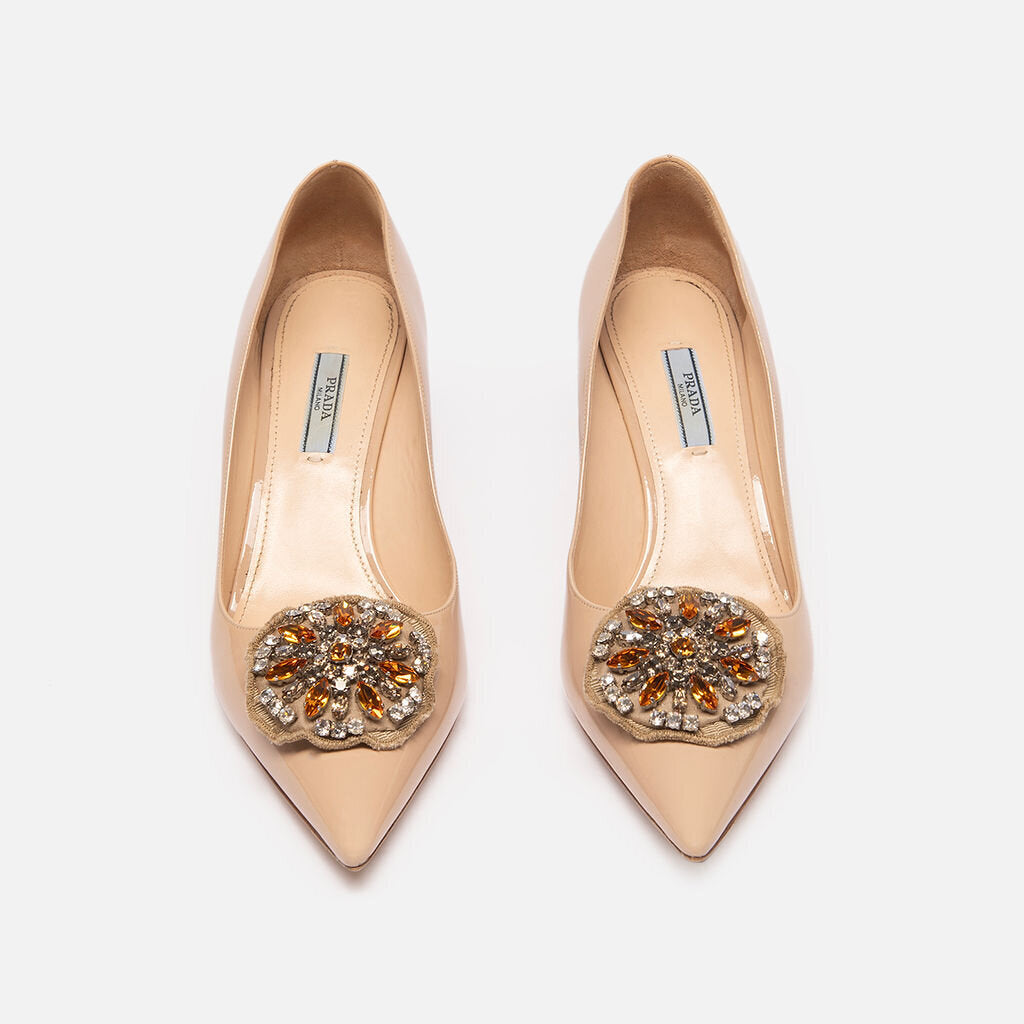 Prada Nude Patent Leather Embellisehd Pump