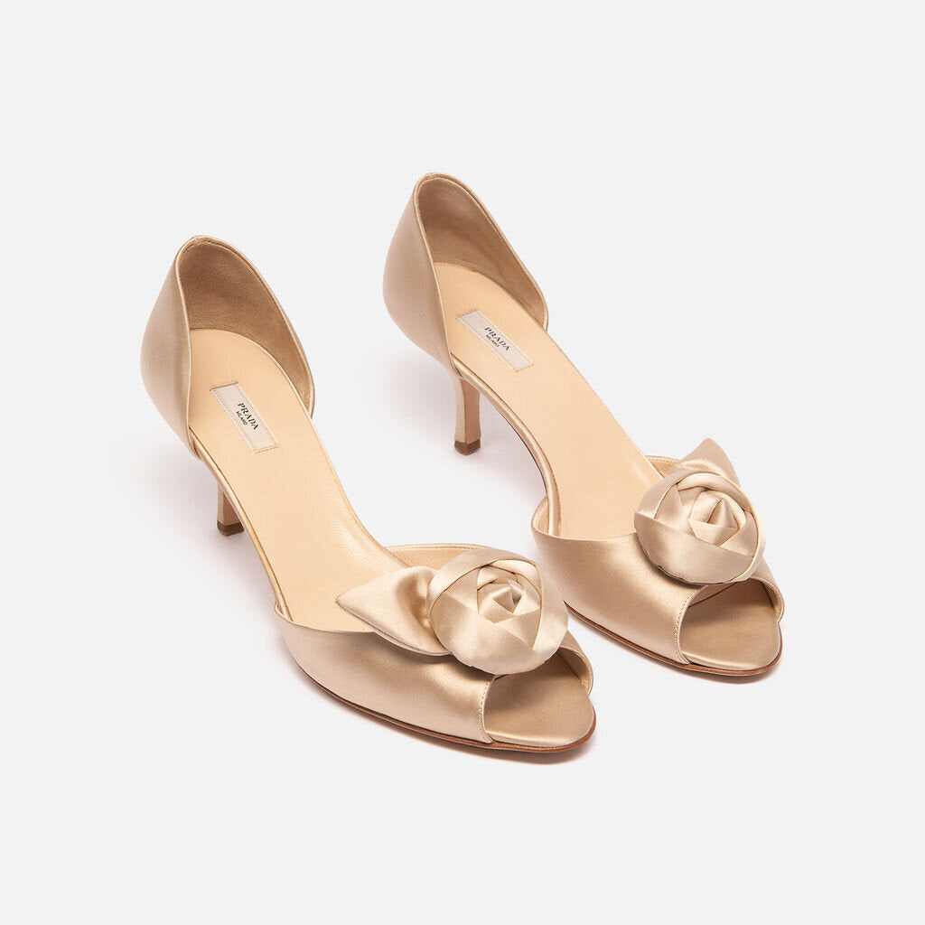Prada Champagne Satin Rose Peep Toe Pump