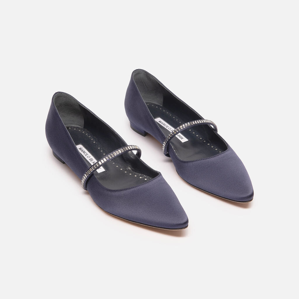 Manolo Blahnik Navy Satin Embellished Mary Jane Flat