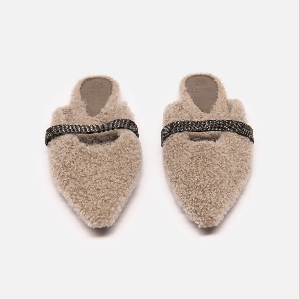 Brunello Cucinelli Taupe Shearling Monili Bead Mule