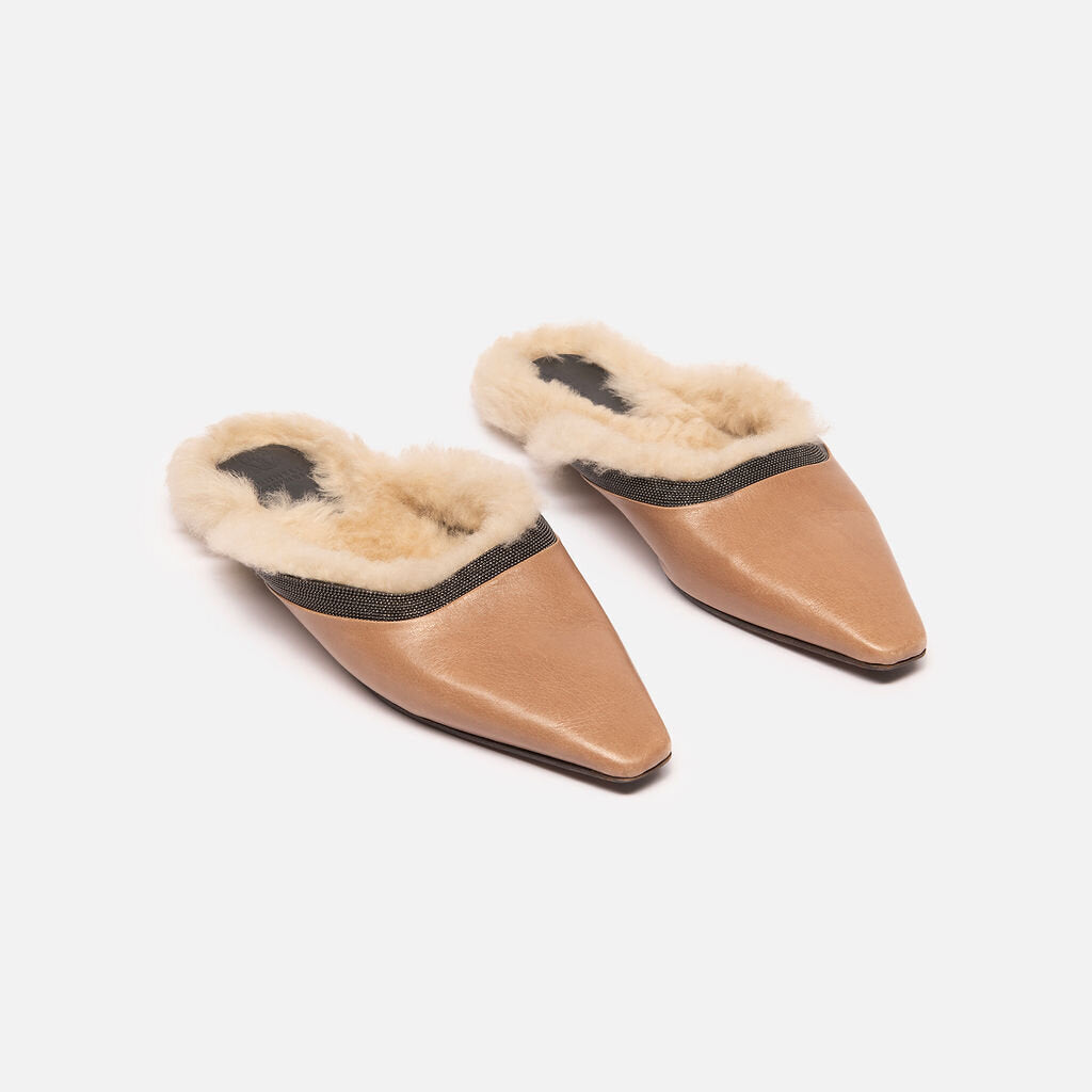 Brunello Cucinelli Beige Leather Monili Bead Shearling Mules