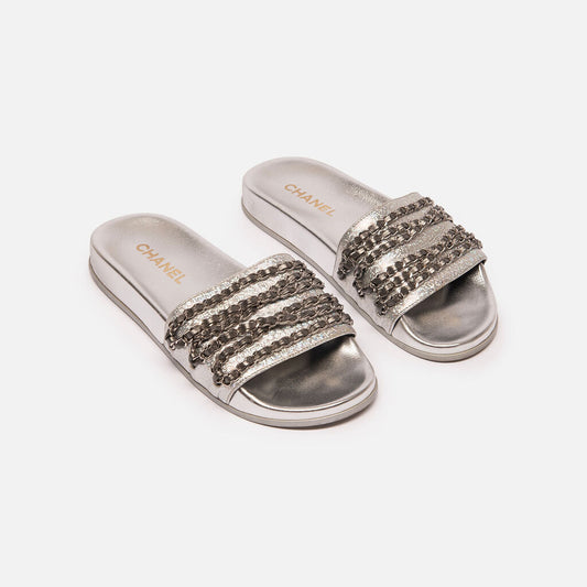 Chanel Silver Metallic Slides